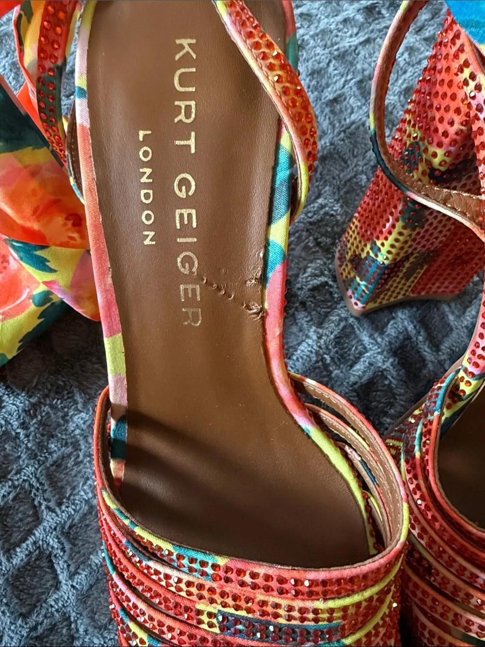 Kurt Geiger Red Multicolor Floral Platform Sandals with Floral Ties